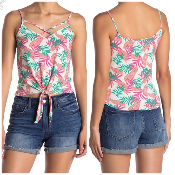 Poof! Tops - Poof Tropical Print Tie Front Tank NWT Medium